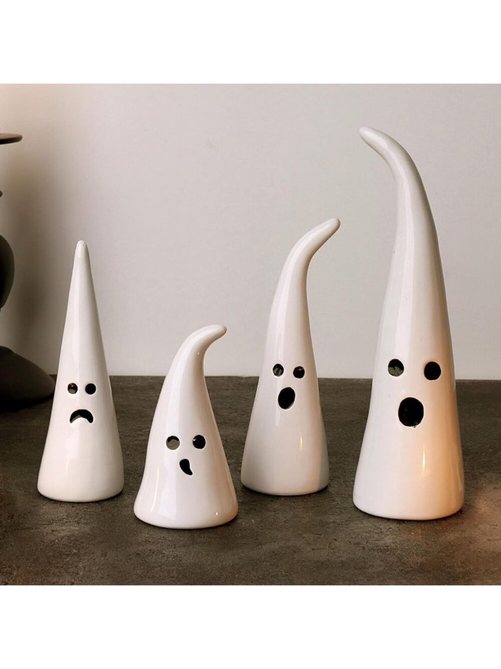 4pc Ceramic Ghost Figurine with Witch Hat Halloween Farmhouse Tiered Tray Decor - Picture 6 of 6